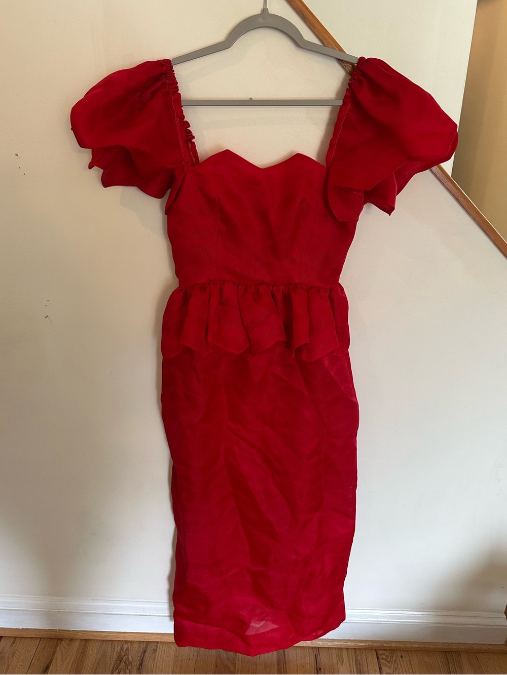 Vintage 70s Richilene Red Puff Sleeve Peplum Party Dress